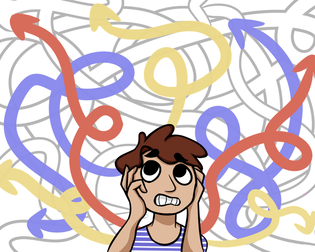 A confused student contemplating college major choices, unsure about the right path to take for their future