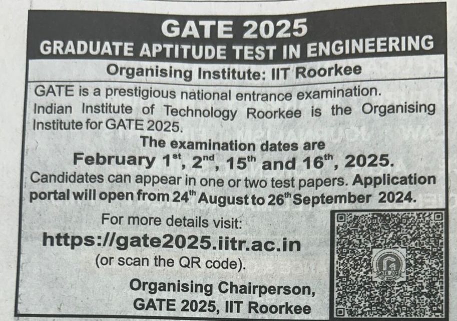 IIT Roorkee to Organize GATE 2025: Exam Dates and Application Details Announced