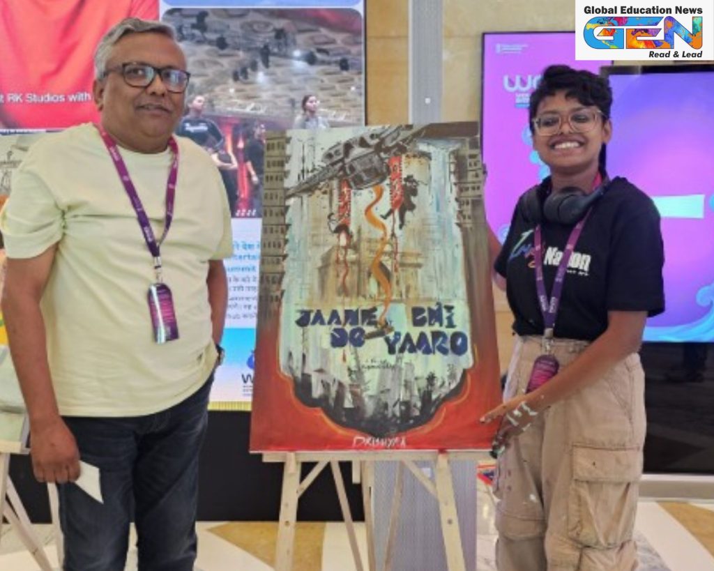 Jaane Bhi Do Yaaro poster, WAVES 2025 summit, Drishya Ashok art, Kundan Shah satire, Hindi film legacy, FTII poster competition, AI surveillance art, Mumbai film events, dystopian poster design, Indian cinema 2025
