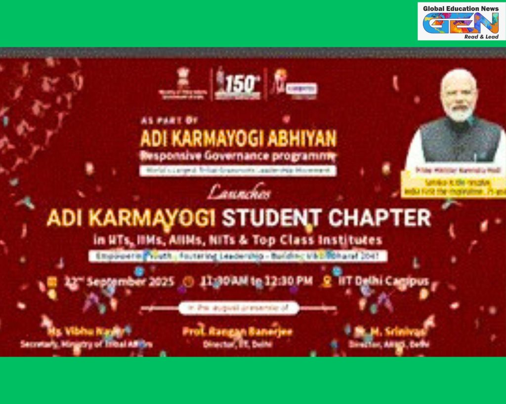 Adi Karmayogi Abhiyan, tribal student chapters, IIT IIM AIIMS tribal programs, Viksit Bharat tribal development, Rs 50 crore tribal venture fund, Eklavya Model Residential Schools, tribal youth mentorship, innovation hackathons tribals, sustainable village development, India tribal leadership, education news, NEP 2020
