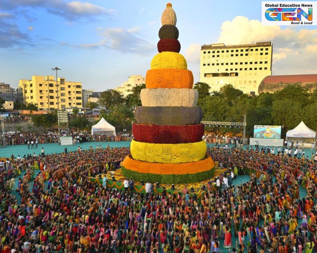 Bathukamma Festival Guinness Records 2025, tallest Bathukamma floral arrangement, 1354 women synchronized dance, Telangana Bathukamma significance, Bathukamma rituals and history, Hyderabad Saroor Nagar event, Atmanirbhar floral crafts, eco-friendly Navratri celebrations, current affairs, UPSC current affairs, UPSC Main, education