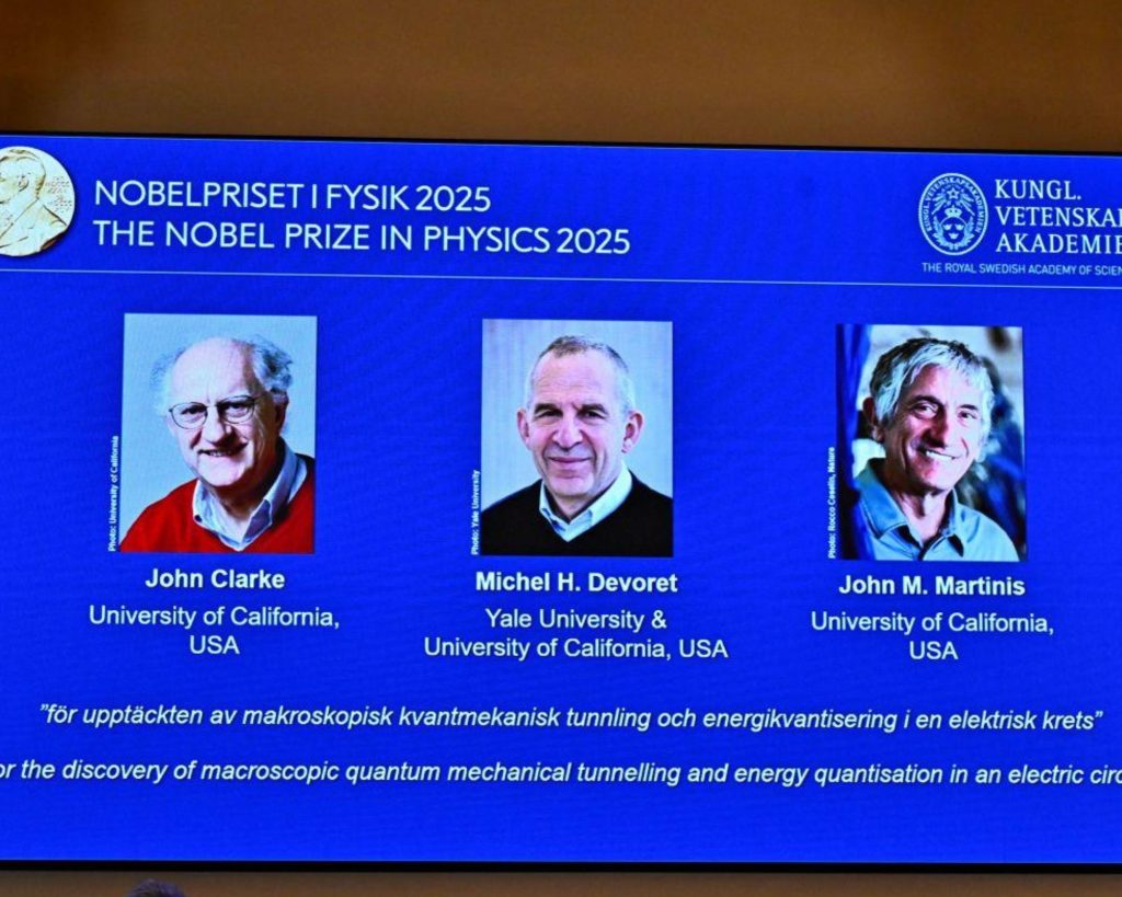Nobel Prize in Physics 2025, John Clarke Michel Devoret John Martinis, macroscopic quantum mechanical tunnelling, energy quantisation electric circuit, quantum computing breakthrough, SQUID experiments 1980s, Yale quantum lab, UC Berkeley physics, Google Quantum AI, NEP quantum education, current affairs, education news, UPSC current affairs