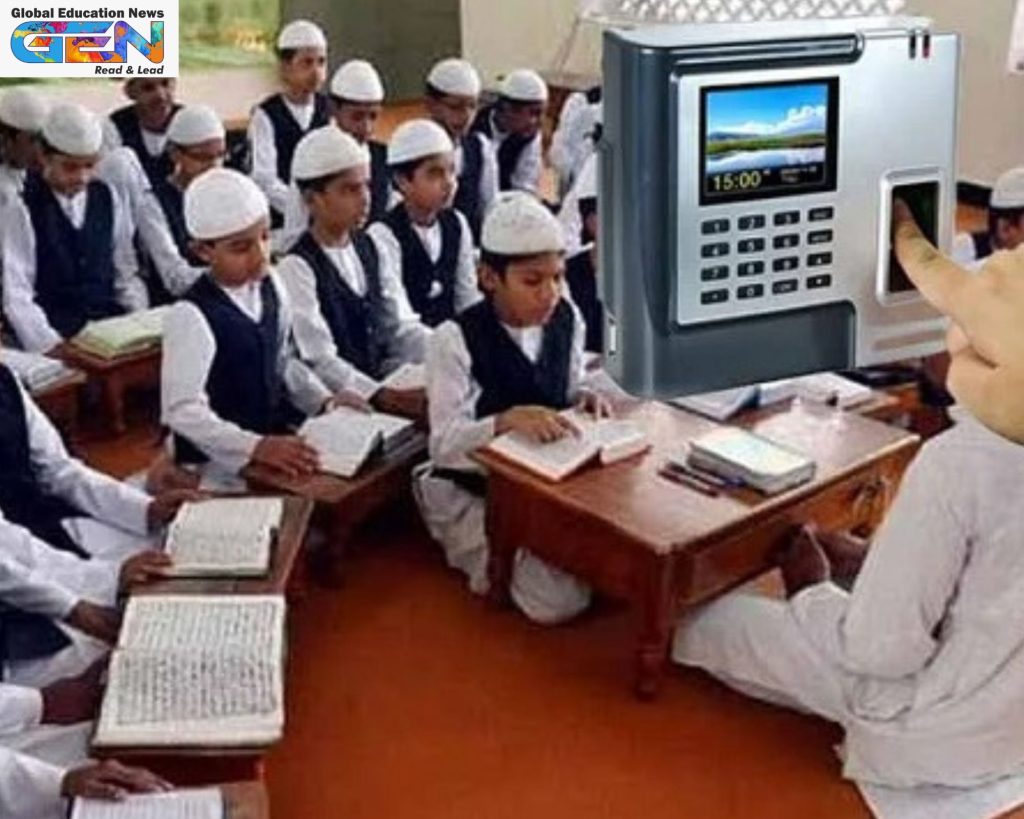 Aligarh madrasa biometric system 2025, UP TGT attendance mandate, madrasa teacher salaries UP, NEP madrasa integration, Uttar Pradesh minority welfare, illegal madrasa survey pause, educational transparency India, NEP 2020, education news