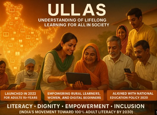ULLAS scheme, adult literacy programme India, Understanding of Lifelong Learning for All in Society, New India Literacy Programme, NEP 2020 adult education, digital literacy India, financial literacy, lifelong learning, vocational skills, foundational literacy and numeracy, adult education policy, literacy mission India, functional literacy, education news India, Ministry of Education India