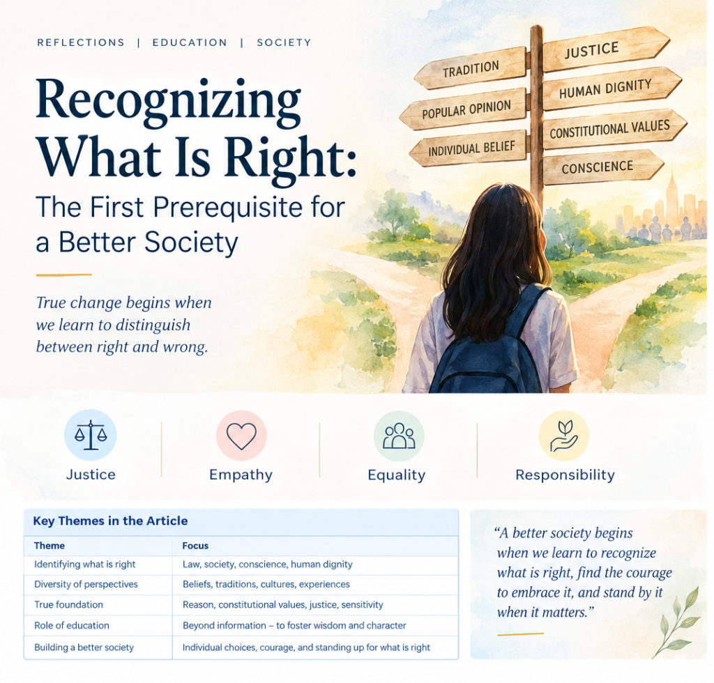 Understanding right and wrong through education, constitutional values, empathy, justice and human dignity is the first step towards building a better society.