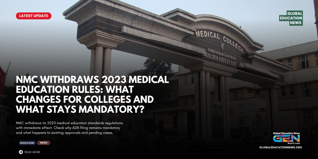 NMC Medical Education Regulations 2023, NMC Withdraws MSMER 2023, NMC Latest News 2026, Annual Disclosure Report ADR, NMC Medical College Rules, National Medical Commission Act 2019, Medical Education Regulations India, NMC Gazette Notification, Medical College Compliance, NMC Regulatory Update