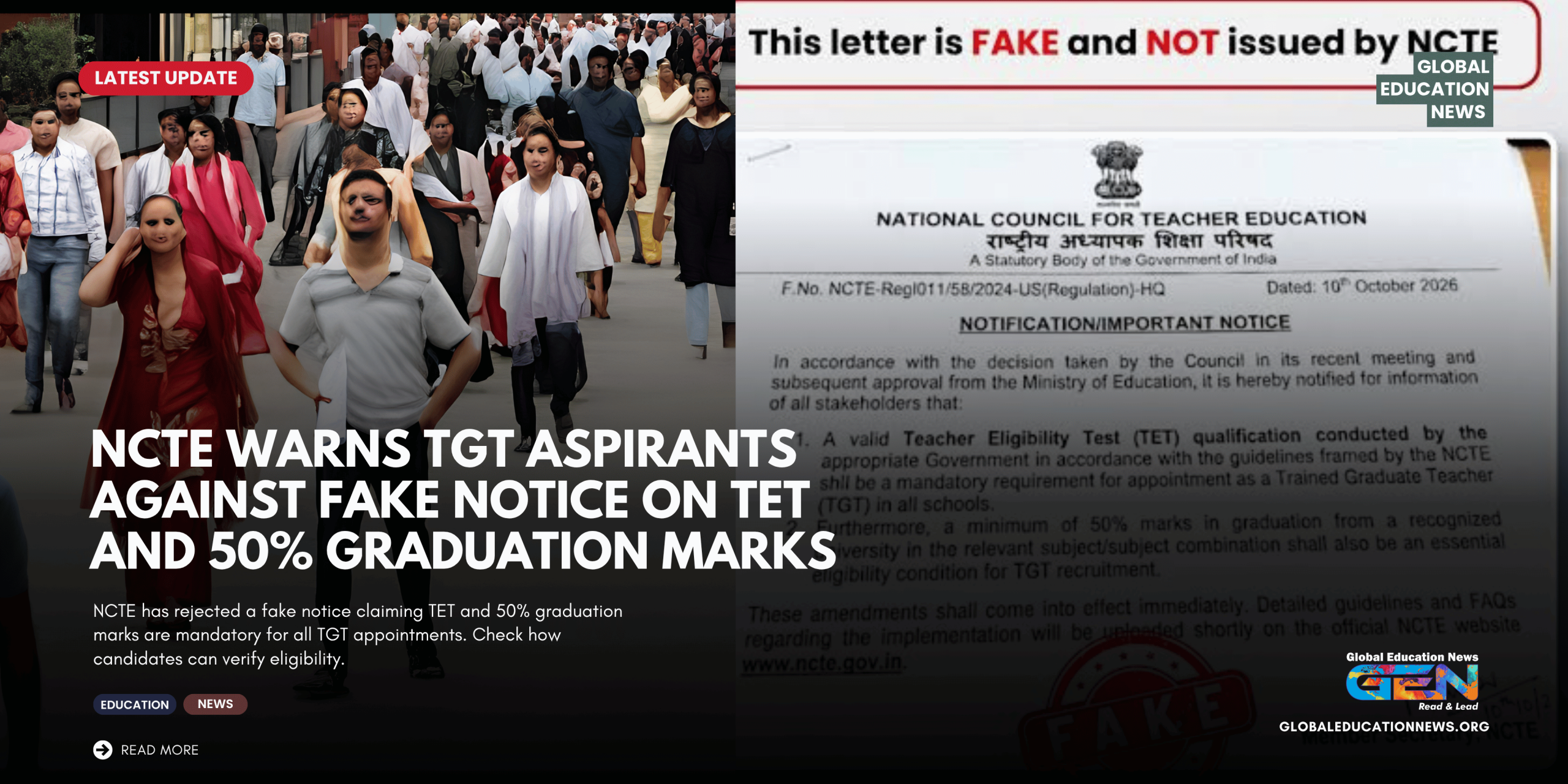 NCTE fake notice, NCTE TGT clarification 2026, TGT recruitment eligibility, TET qualification, 50% graduation marks TGT, NCTE latest news, teacher recruitment India, TGT eligibility criteria, fake recruitment notice, teaching jobs news