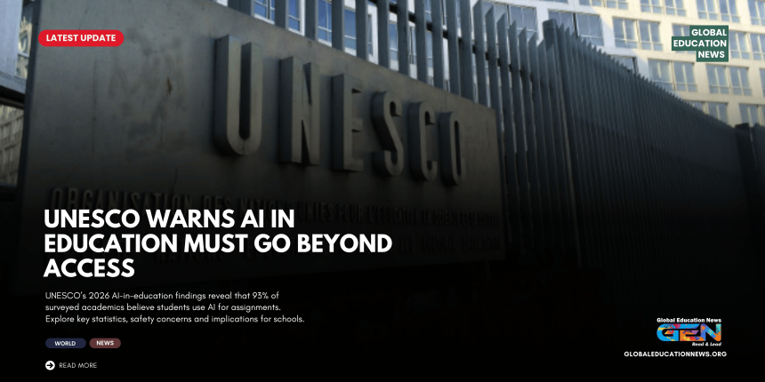 UNESCO AI in Education 2026, AI in Education Statistics, UNESCO AI Report, AI Student Assignments, 93% Academics AI Survey, AI Safety in Schools, AI and Student Learning, Internet Access in Schools, AI Education Policy, Teacher AI Training, Student Data Privacy, Digital Learning, Global Education News