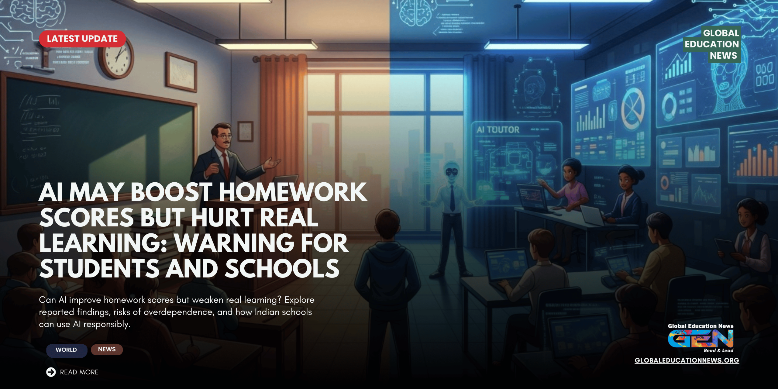 World Development Report 2026, generative AI in education, student learning outcomes, AI homework scores, AI impact on students, artificial intelligence in schools, AI and examination performance, student critical thinking, AI education policy India, responsible AI use in education
